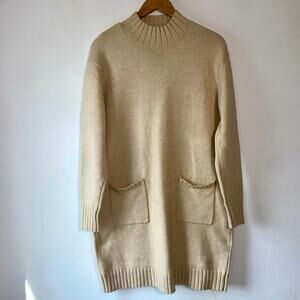 Loft Tan Sweater Dress SZ L Mock Neck Long Sleeve Knit Fall Casual Quiet Luxury